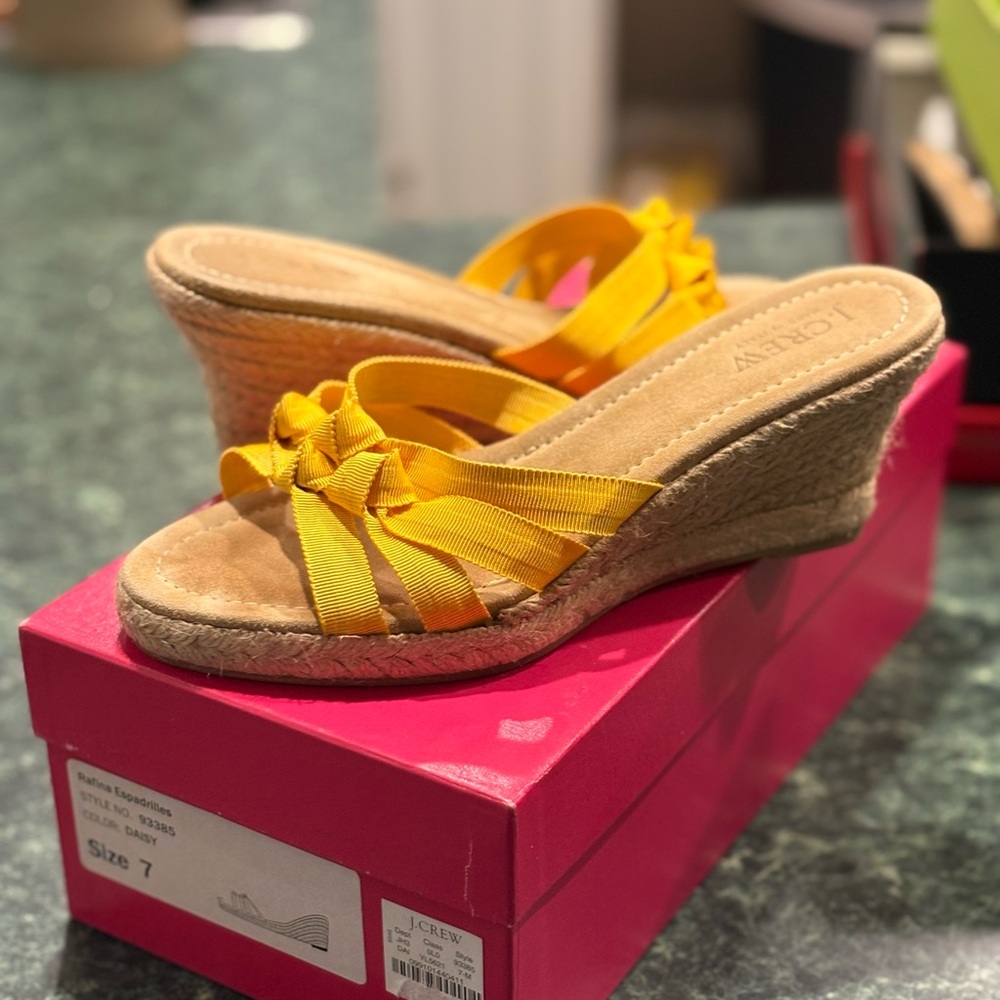 J. Crew Rafina Yellow Espadrille Ribbon Wedges - Size 7